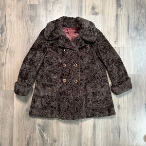 Vintage Juli de Roma Faux Fur Coat Womens Small Dark Brown Double Breasted 60s